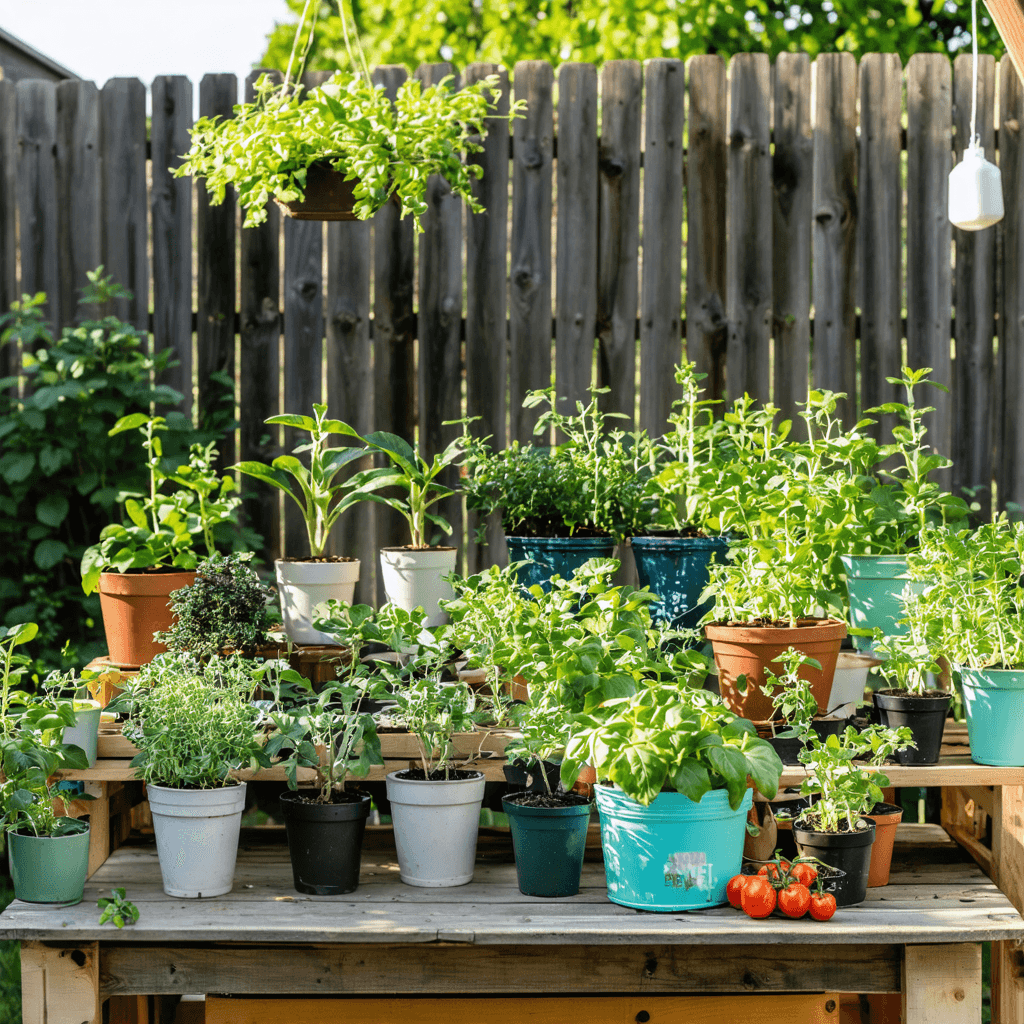 Backyard plant collection on wooden shelves